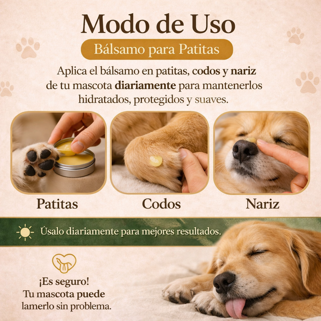 Modo de uso: aplicar bálsamo sobre patas limpias