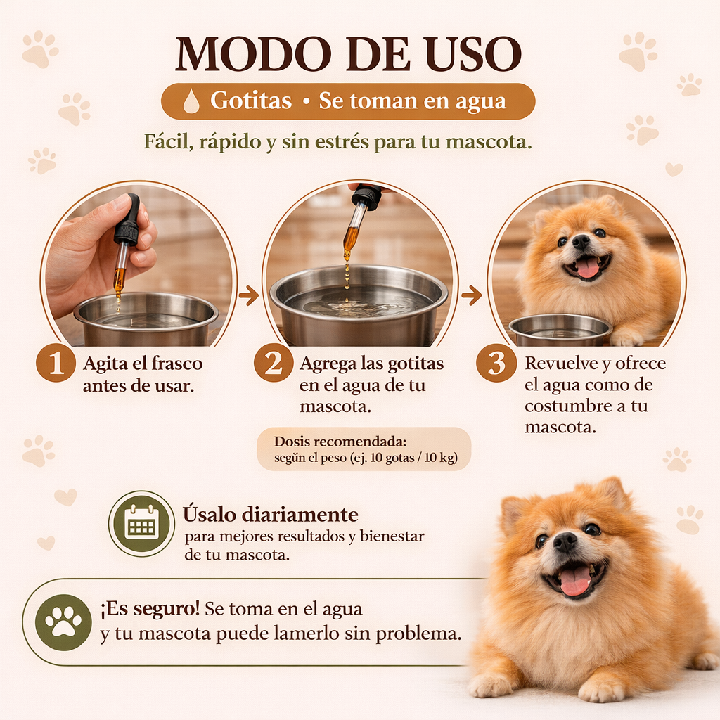 Modo de uso: administrar gotitas orales según peso de la mascota
